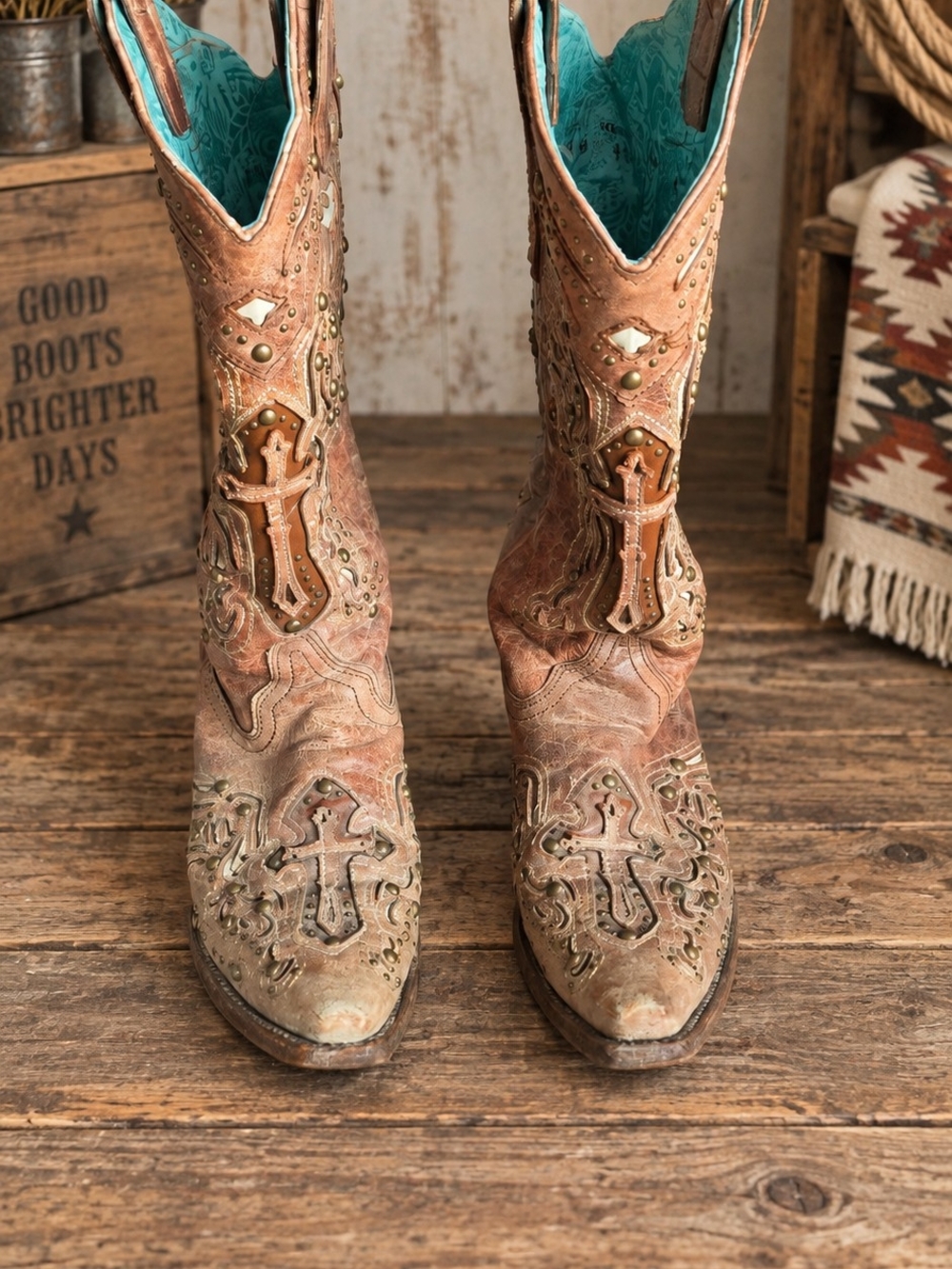 Corral cognac leather cross and studs western boots (Model: C2856) Size 8M